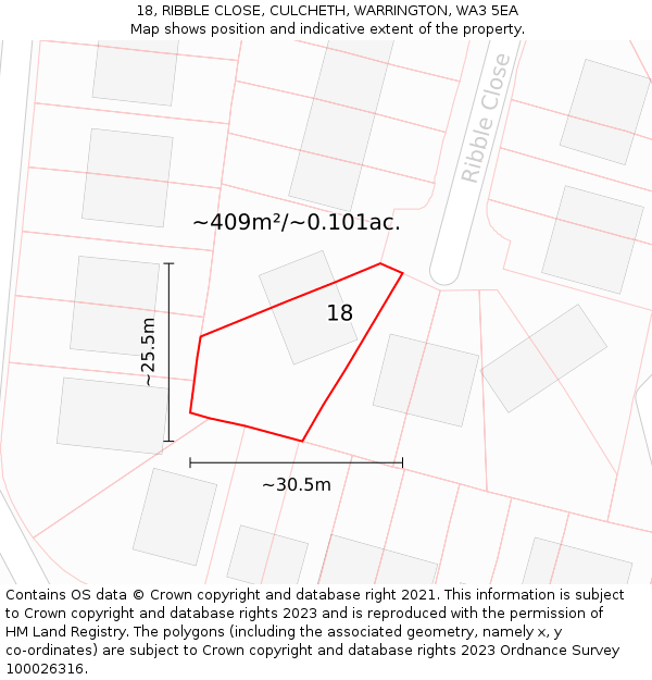 18, RIBBLE CLOSE, CULCHETH, WARRINGTON, WA3 5EA: Plot and title map