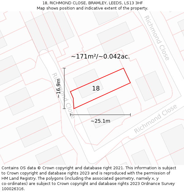 18, RICHMOND CLOSE, BRAMLEY, LEEDS, LS13 3HF: Plot and title map