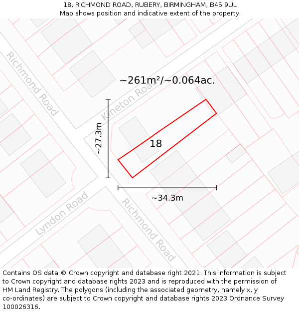 18, RICHMOND ROAD, RUBERY, BIRMINGHAM, B45 9UL: Plot and title map