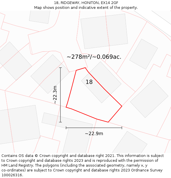 18, RIDGEWAY, HONITON, EX14 2GF: Plot and title map