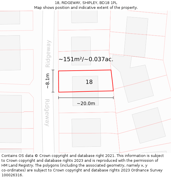 18, RIDGEWAY, SHIPLEY, BD18 1PL: Plot and title map