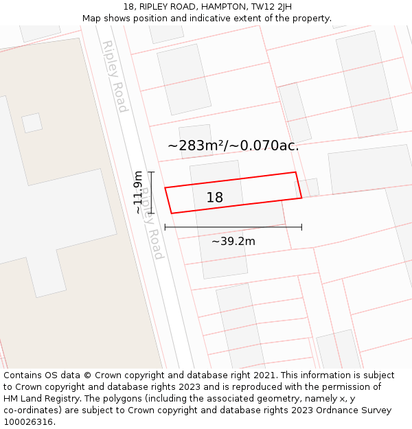 18, RIPLEY ROAD, HAMPTON, TW12 2JH: Plot and title map