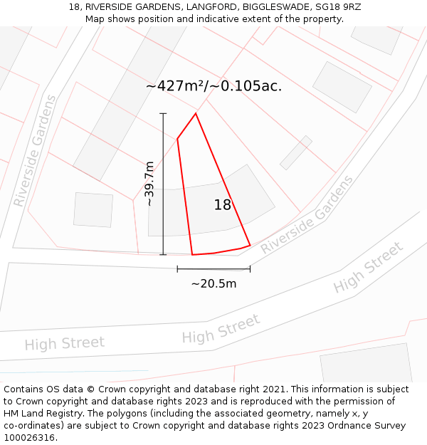 18, RIVERSIDE GARDENS, LANGFORD, BIGGLESWADE, SG18 9RZ: Plot and title map