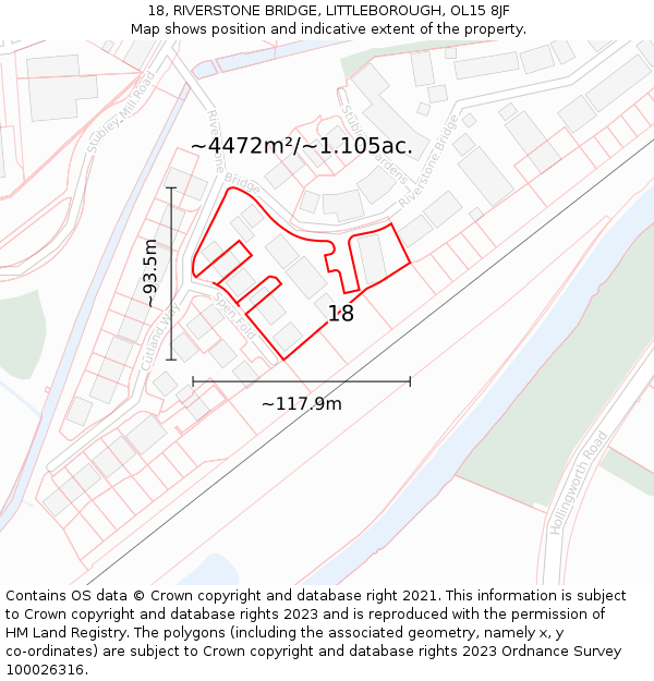 18, RIVERSTONE BRIDGE, LITTLEBOROUGH, OL15 8JF: Plot and title map