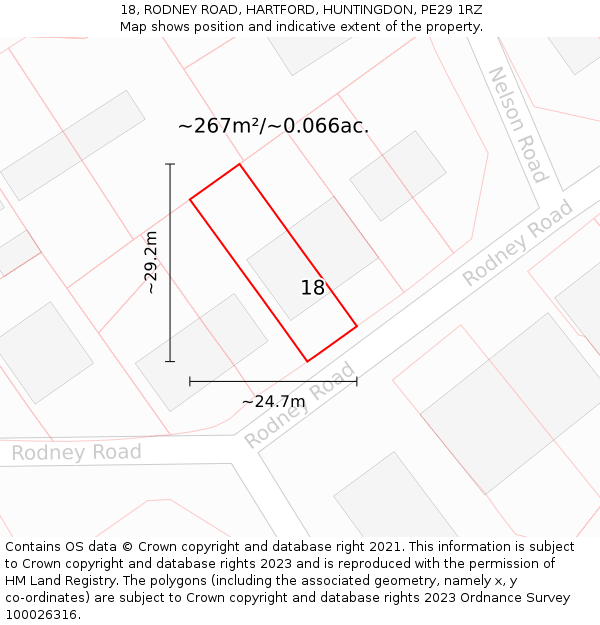 18, RODNEY ROAD, HARTFORD, HUNTINGDON, PE29 1RZ: Plot and title map