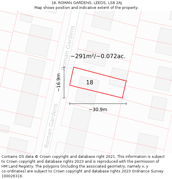 18, ROMAN GARDENS, LEEDS, LS8 2AJ: Plot and title map