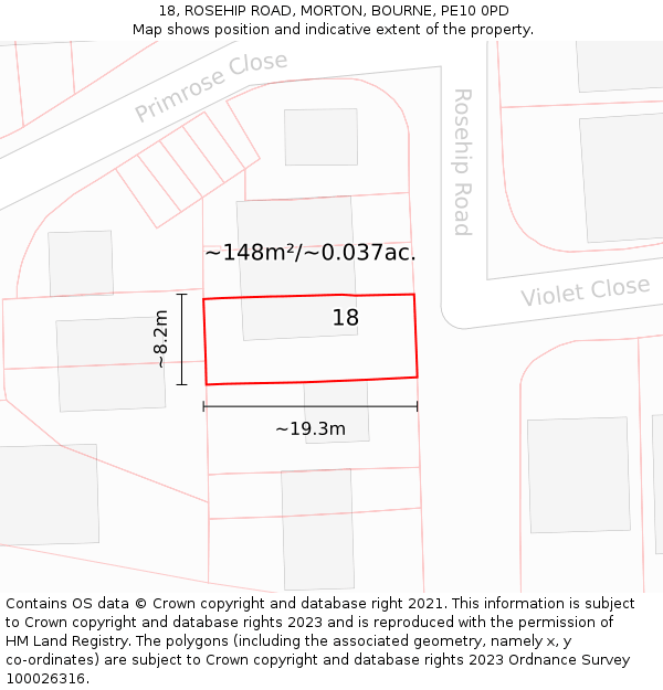 18, ROSEHIP ROAD, MORTON, BOURNE, PE10 0PD: Plot and title map