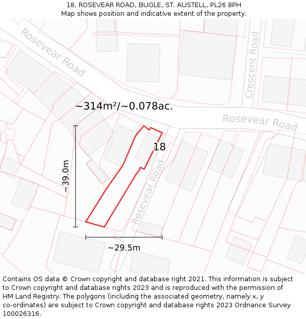 18, ROSEVEAR ROAD, BUGLE, ST. AUSTELL, PL26 8PH: Plot and title map