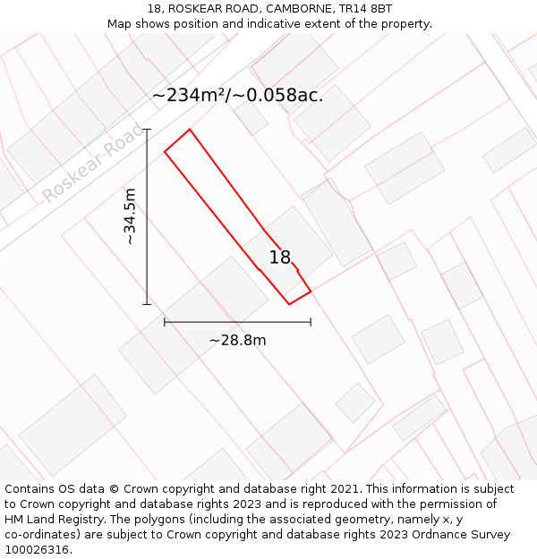 18, ROSKEAR ROAD, CAMBORNE, TR14 8BT: Plot and title map