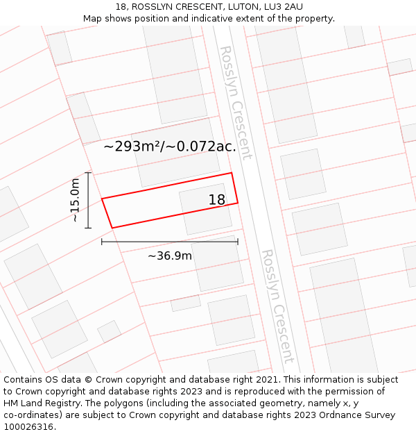 18, ROSSLYN CRESCENT, LUTON, LU3 2AU: Plot and title map