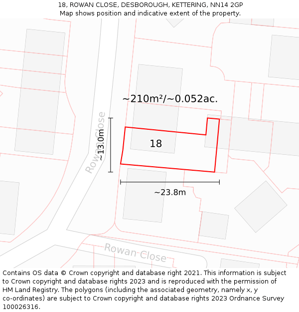 18, ROWAN CLOSE, DESBOROUGH, KETTERING, NN14 2GP: Plot and title map