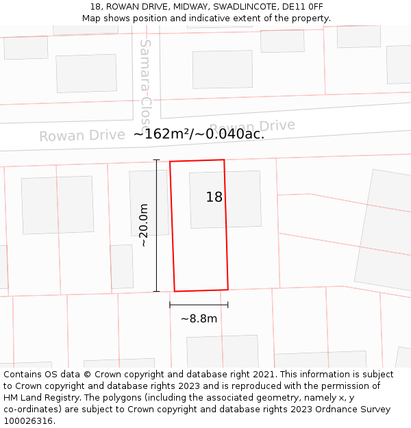 18, ROWAN DRIVE, MIDWAY, SWADLINCOTE, DE11 0FF: Plot and title map