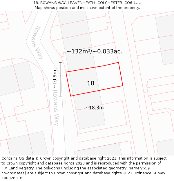18, ROWANS WAY, LEAVENHEATH, COLCHESTER, CO6 4UU: Plot and title map
