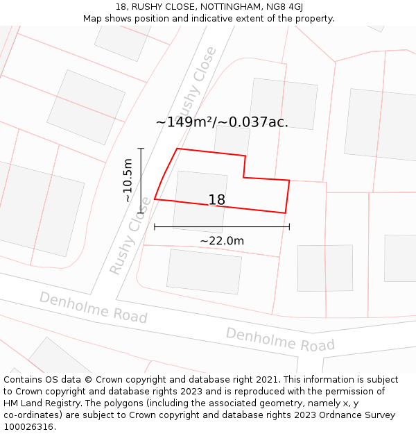 18, RUSHY CLOSE, NOTTINGHAM, NG8 4GJ: Plot and title map