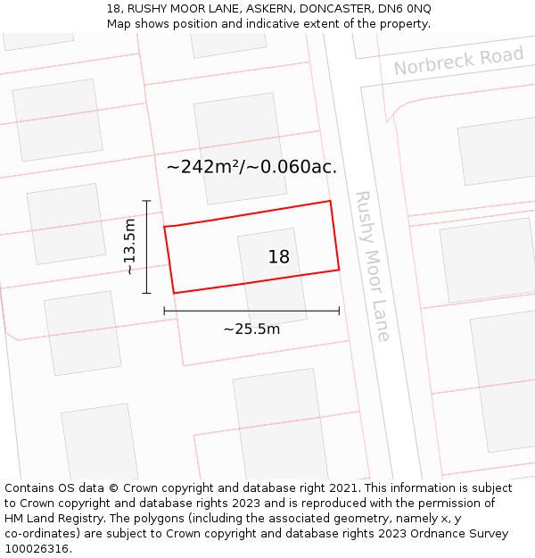 18, RUSHY MOOR LANE, ASKERN, DONCASTER, DN6 0NQ: Plot and title map