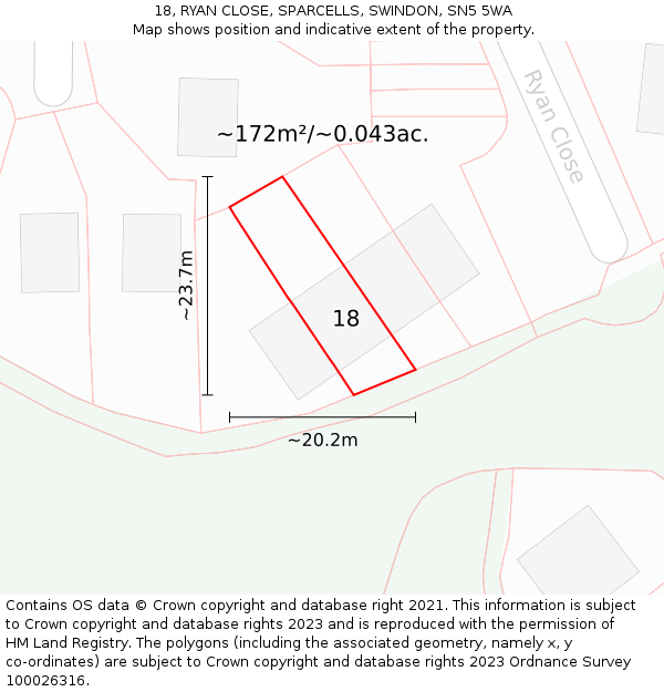 18, RYAN CLOSE, SPARCELLS, SWINDON, SN5 5WA: Plot and title map