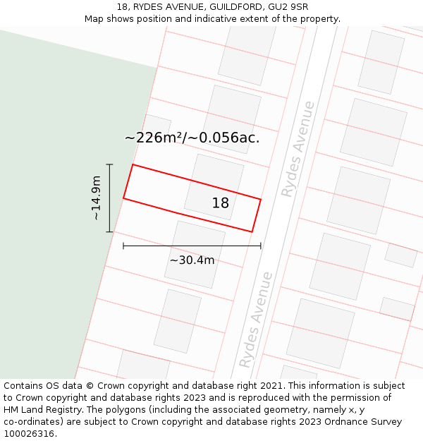 18, RYDES AVENUE, GUILDFORD, GU2 9SR: Plot and title map