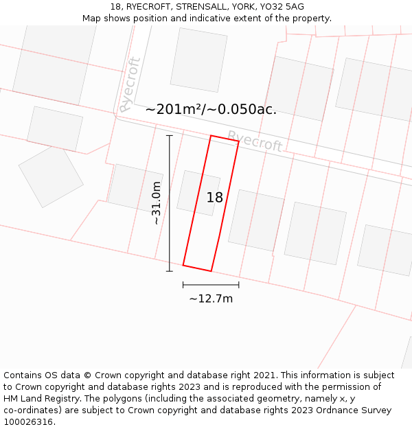 18, RYECROFT, STRENSALL, YORK, YO32 5AG: Plot and title map