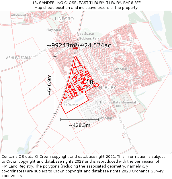 18, SANDERLING CLOSE, EAST TILBURY, TILBURY, RM18 8FF: Plot and title map