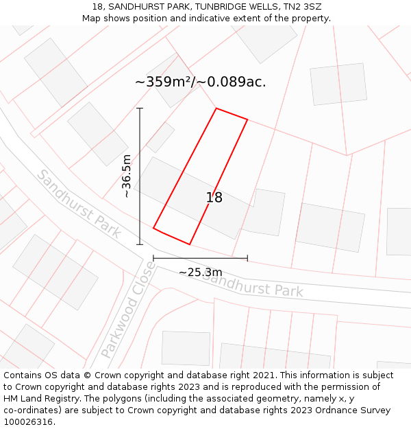 18, SANDHURST PARK, TUNBRIDGE WELLS, TN2 3SZ: Plot and title map