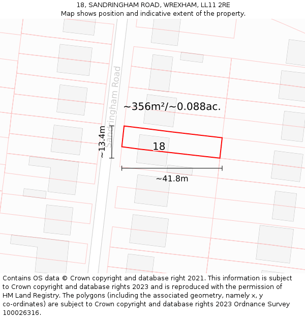 18, SANDRINGHAM ROAD, WREXHAM, LL11 2RE: Plot and title map