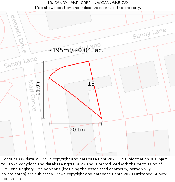18, SANDY LANE, ORRELL, WIGAN, WN5 7AY: Plot and title map