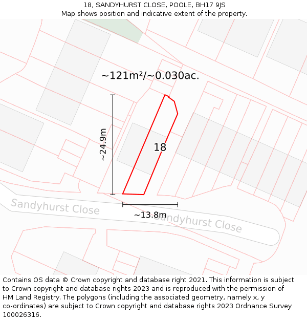 18, SANDYHURST CLOSE, POOLE, BH17 9JS: Plot and title map