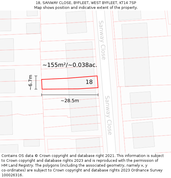 18, SANWAY CLOSE, BYFLEET, WEST BYFLEET, KT14 7SP: Plot and title map