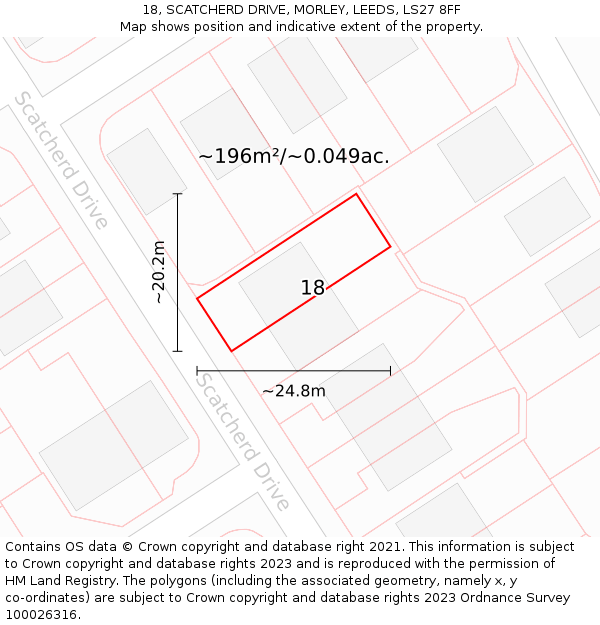18, SCATCHERD DRIVE, MORLEY, LEEDS, LS27 8FF: Plot and title map