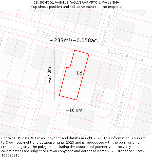 18, SCHOOL AVENUE, WOLVERHAMPTON, WV11 3NA: Plot and title map