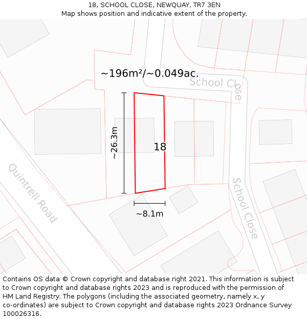 18, SCHOOL CLOSE, NEWQUAY, TR7 3EN: Plot and title map