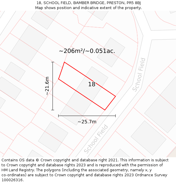 18, SCHOOL FIELD, BAMBER BRIDGE, PRESTON, PR5 8BJ: Plot and title map