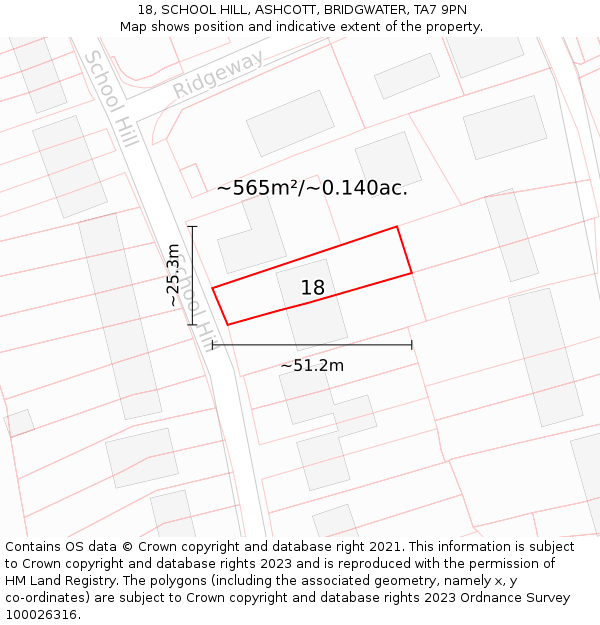18, SCHOOL HILL, ASHCOTT, BRIDGWATER, TA7 9PN: Plot and title map
