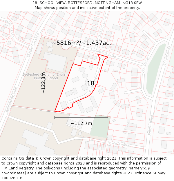 18, SCHOOL VIEW, BOTTESFORD, NOTTINGHAM, NG13 0EW: Plot and title map