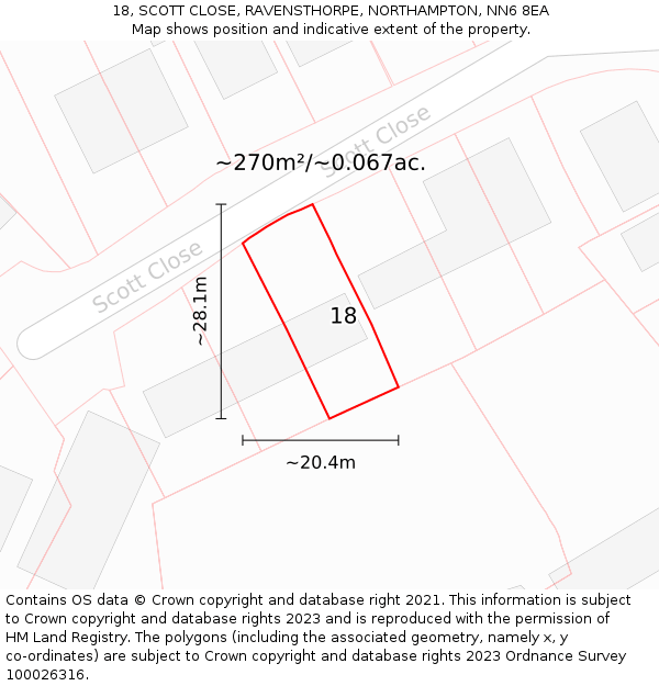 18, SCOTT CLOSE, RAVENSTHORPE, NORTHAMPTON, NN6 8EA: Plot and title map