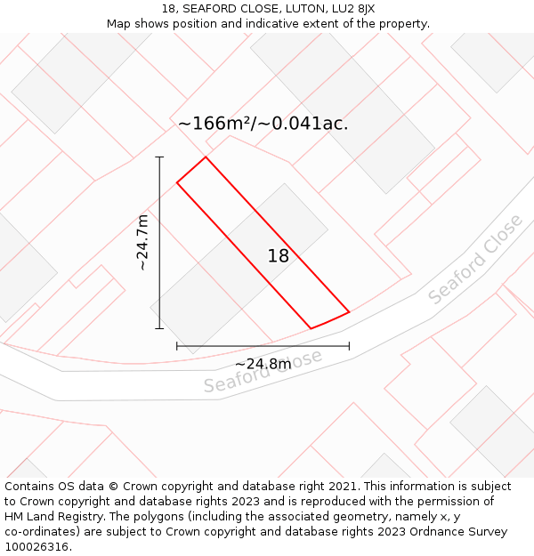 18, SEAFORD CLOSE, LUTON, LU2 8JX: Plot and title map