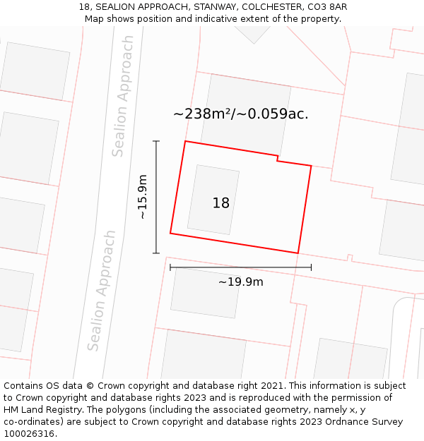 18, SEALION APPROACH, STANWAY, COLCHESTER, CO3 8AR: Plot and title map