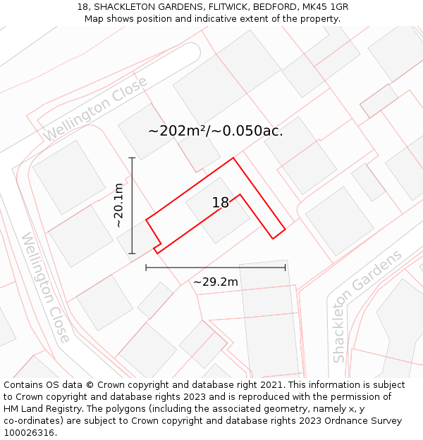 18, SHACKLETON GARDENS, FLITWICK, BEDFORD, MK45 1GR: Plot and title map
