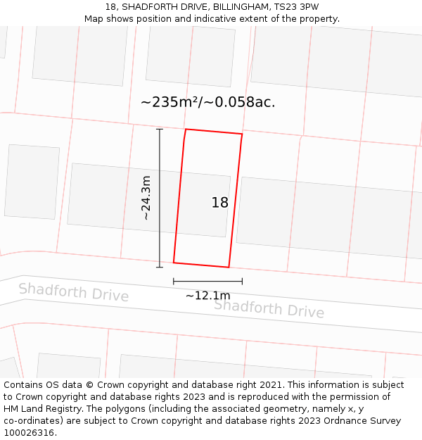 18, SHADFORTH DRIVE, BILLINGHAM, TS23 3PW: Plot and title map