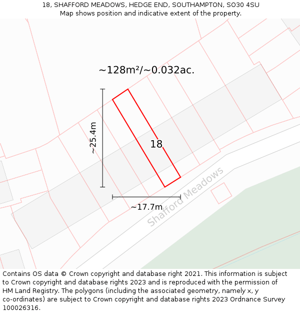 18, SHAFFORD MEADOWS, HEDGE END, SOUTHAMPTON, SO30 4SU: Plot and title map