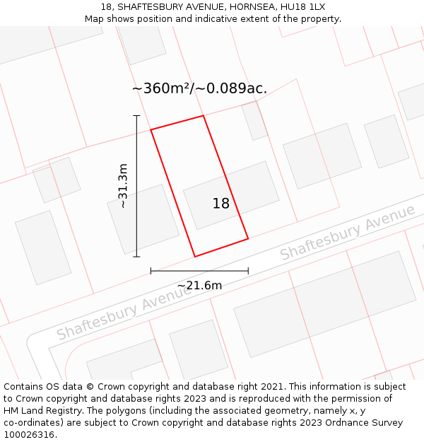 18, SHAFTESBURY AVENUE, HORNSEA, HU18 1LX: Plot and title map