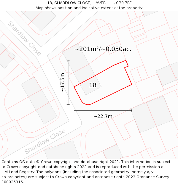 18, SHARDLOW CLOSE, HAVERHILL, CB9 7RF: Plot and title map