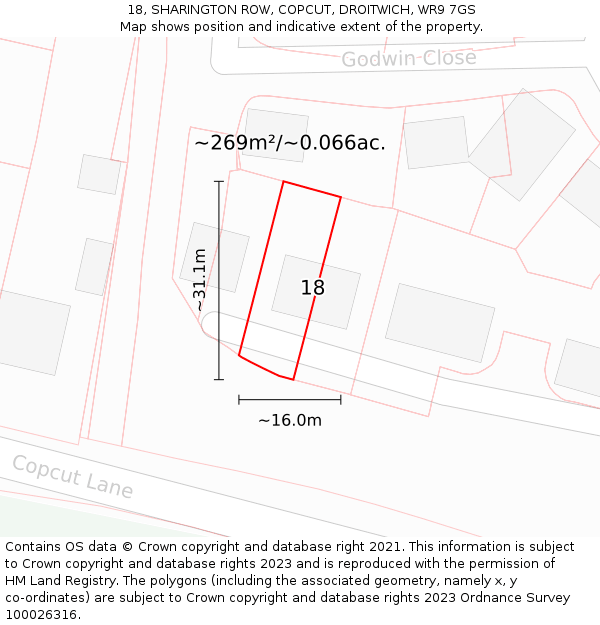 18, SHARINGTON ROW, COPCUT, DROITWICH, WR9 7GS: Plot and title map