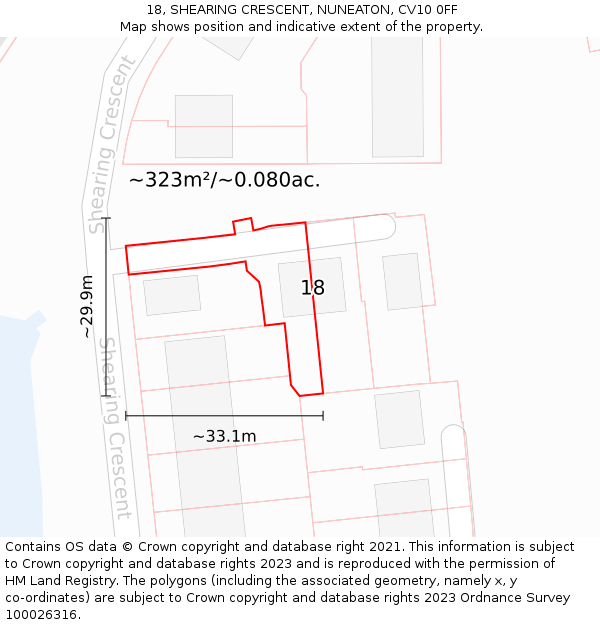 18, SHEARING CRESCENT, NUNEATON, CV10 0FF: Plot and title map