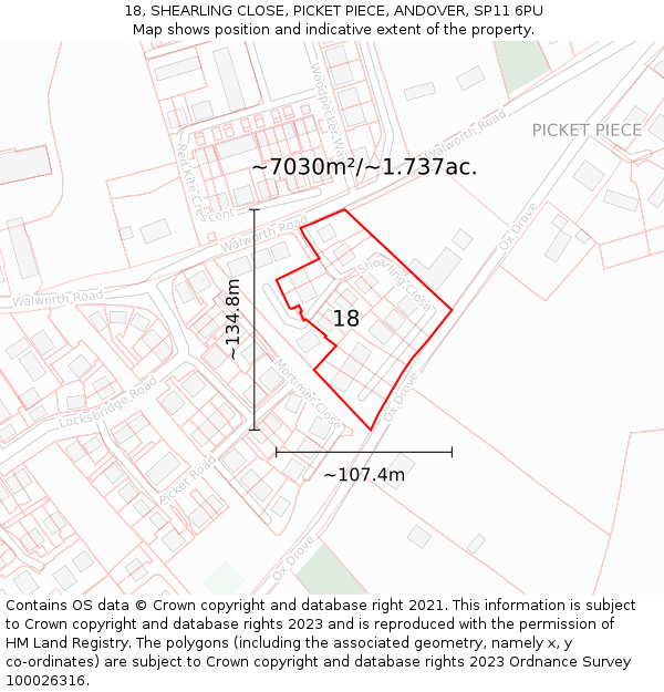 18, SHEARLING CLOSE, PICKET PIECE, ANDOVER, SP11 6PU: Plot and title map
