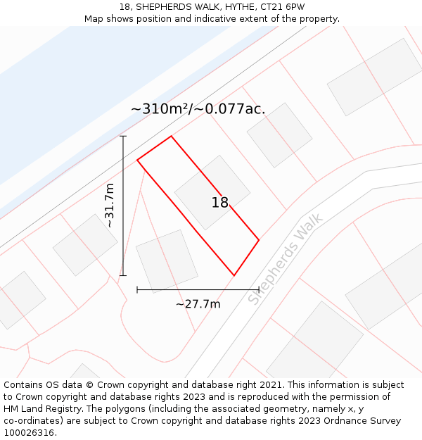 18, SHEPHERDS WALK, HYTHE, CT21 6PW: Plot and title map