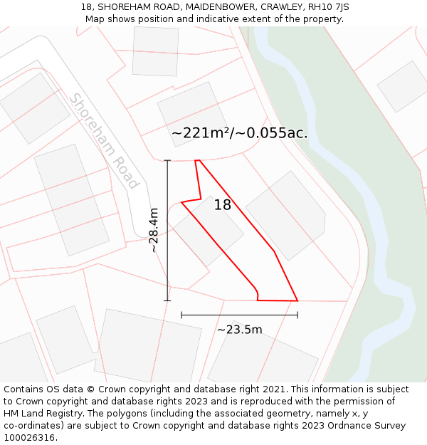 18, SHOREHAM ROAD, MAIDENBOWER, CRAWLEY, RH10 7JS: Plot and title map