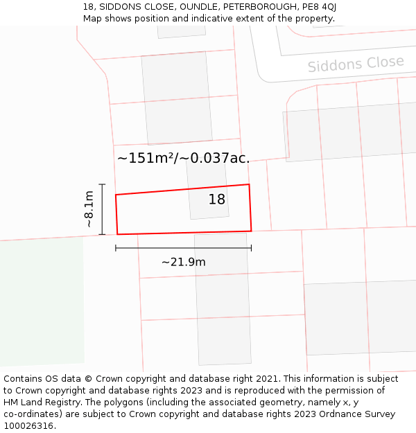 18, SIDDONS CLOSE, OUNDLE, PETERBOROUGH, PE8 4QJ: Plot and title map
