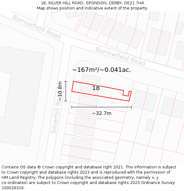 18, SILVER HILL ROAD, SPONDON, DERBY, DE21 7HA: Plot and title map