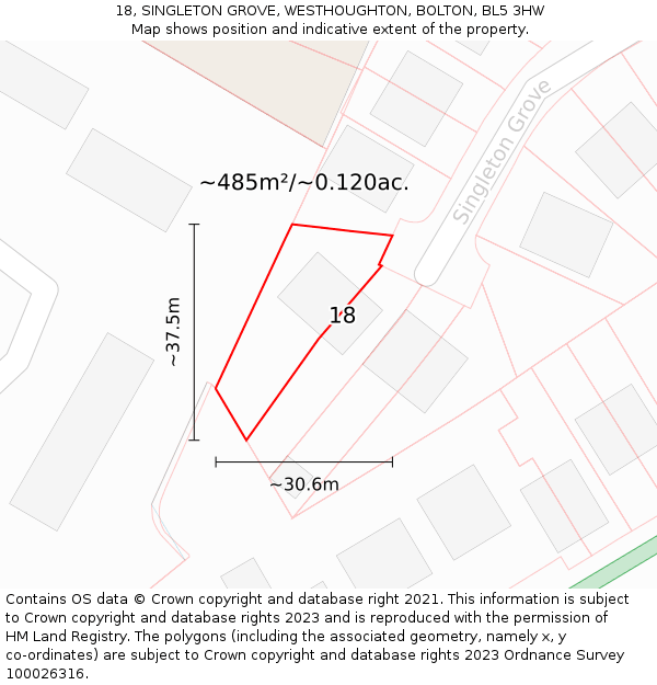 18, SINGLETON GROVE, WESTHOUGHTON, BOLTON, BL5 3HW: Plot and title map